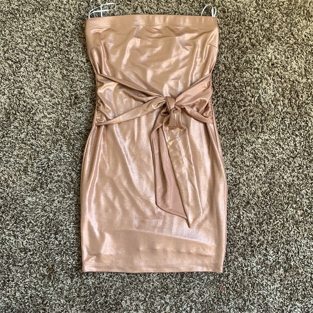 Adorable rose gold shimmery tube top mini dress